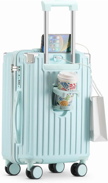 20 Inch Carry On Luggage With Cup Holder & USB Port, Airline Approved TSA-locked Luggage, Lightweight PC Material Travel Suitcase With 360�� Spinner Wheel