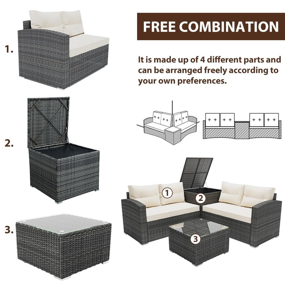 SEGMART 4 Piece Patio Furniture Set, All-Weather Outdoor Sectional Sofa Set, PE Rattan Conversation Set with Storage Box, Table & Cushions, Wicker Furniture Couch Set for Patio Deck Garden