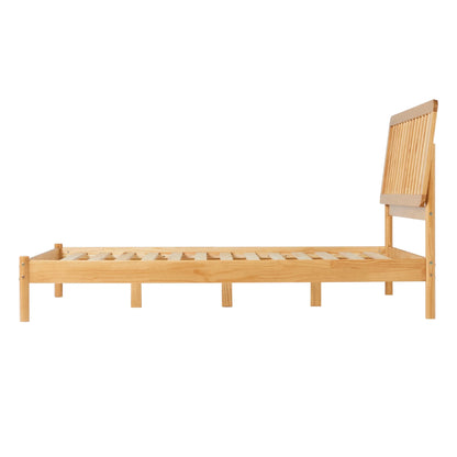 Walker Edison Mid-Century Modern Slatted Solid Wood Queen Bedframe, Natural Pine