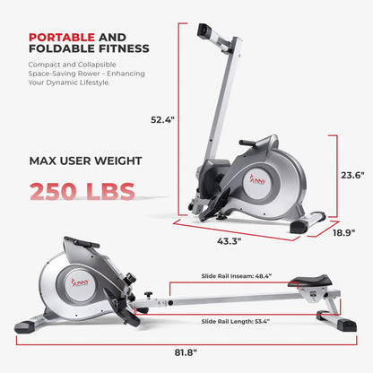 Sunny Health & Fitness 53.4" Extended Slide Rail Magnetic Rowing Machine Rower with Free SunnyFit App Membership - SF-RW5515