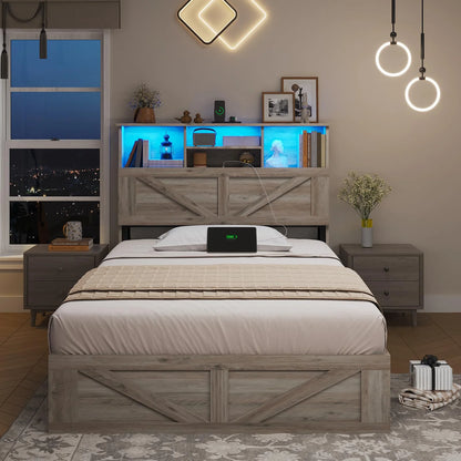 Twin Bed Frame with 4 Storage Drawers and Charging Station, Farmhouse Wooden Led Twin Bed with Storage Hidden Space Headboard and Metal Slats, Gray