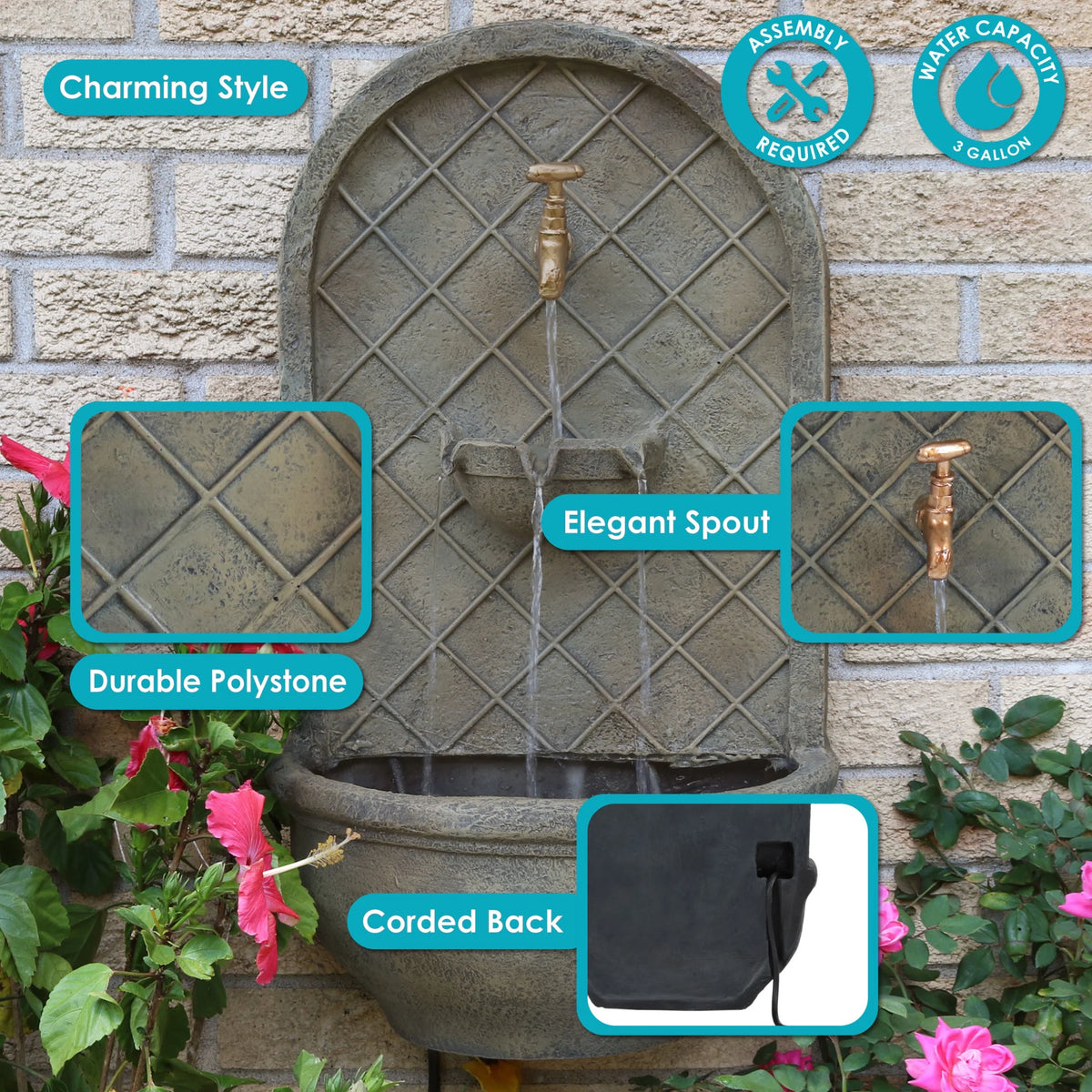 Sunnydaze Messina Polystone Outdoor Solar Wall Fountain, Bronze