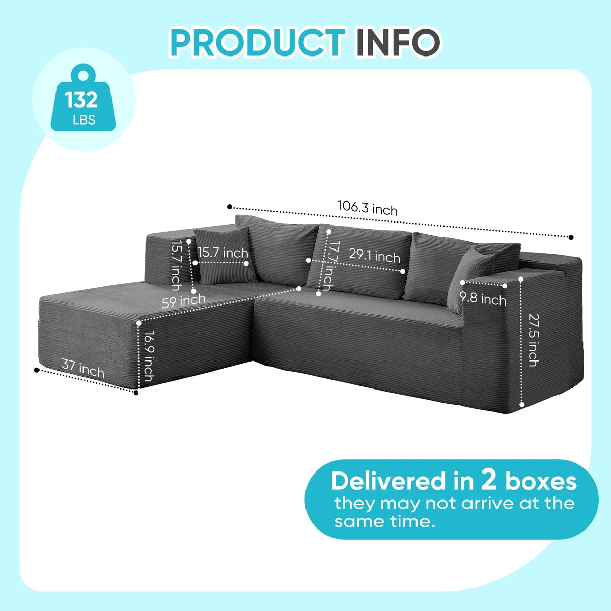 ZAFLY 106" Cloud Sectional Couch with Chaise, No Assembly Required L Shaped Sleeper Sofa, Oversized Deep Seat Modular Couches and Sofas for Living Room - Right, Black
