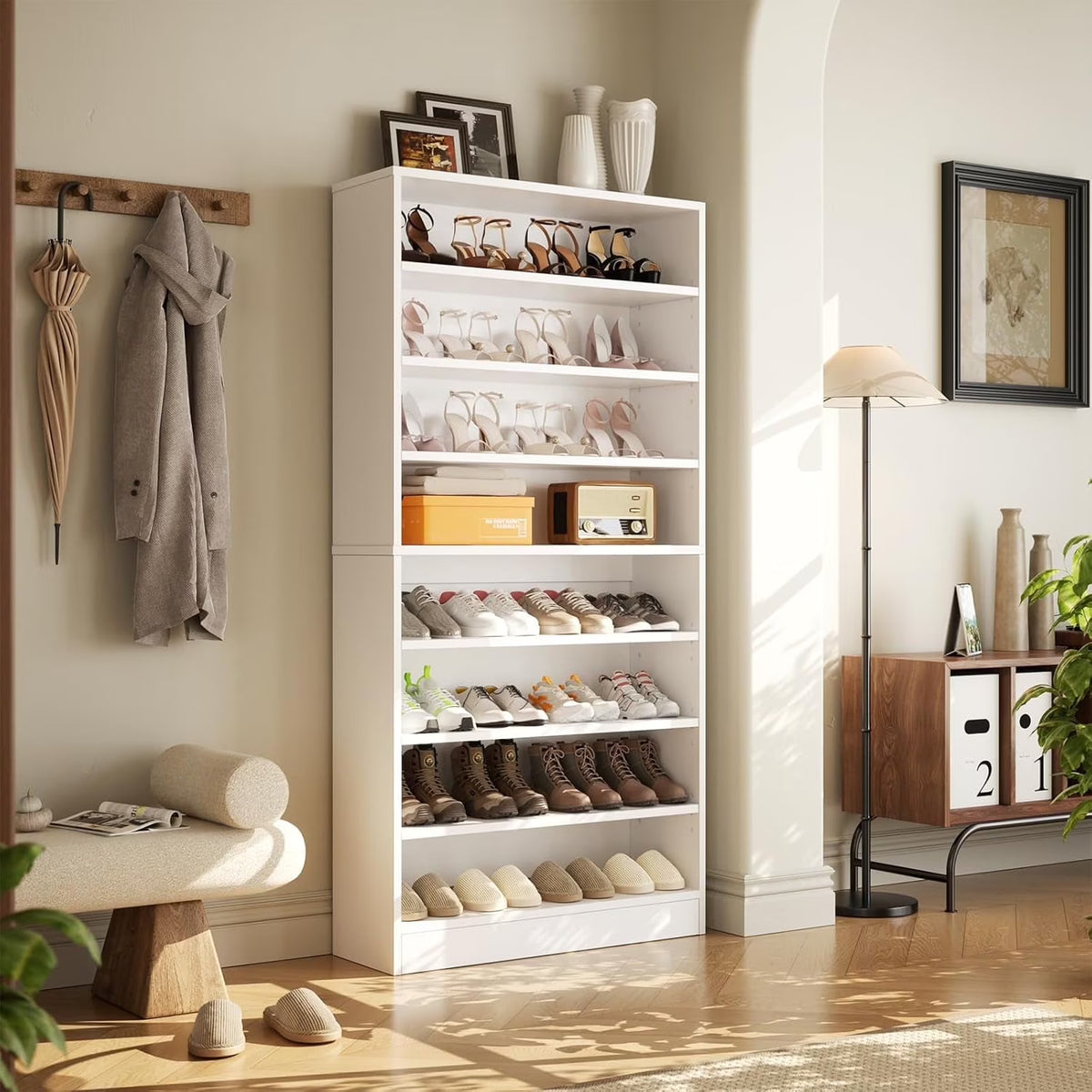 Homieasy Tall Shoe Cabinet, 9-Tier Wood Shoe Storage Organizer, Freestanding Shoe Storage Cabinet with Large Capacity, Vertical Space Saving Shoe Rack, White