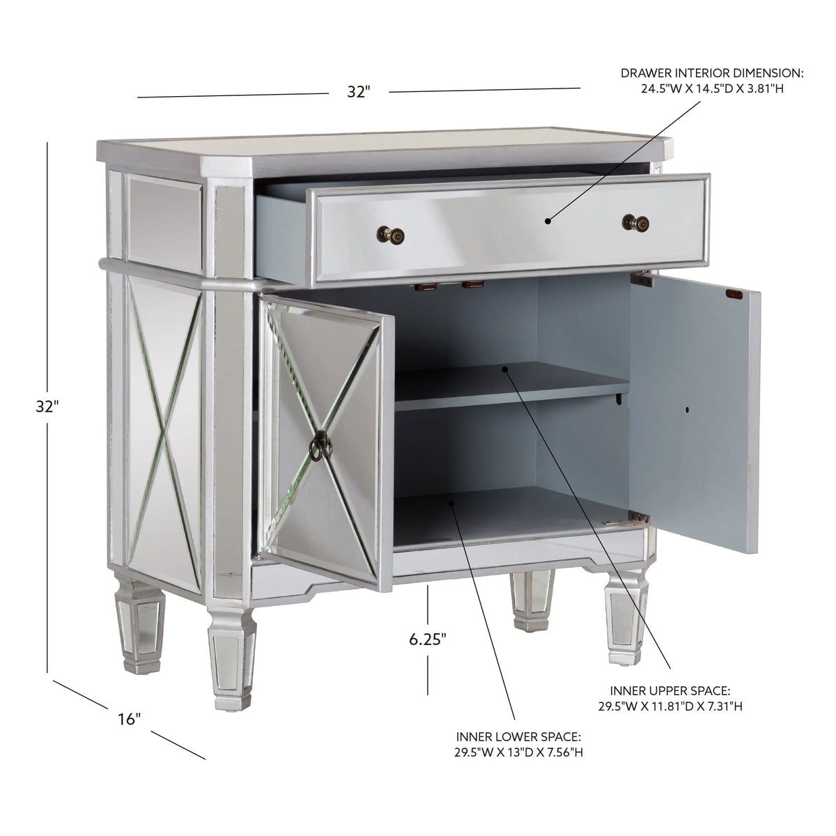 Powell Deville 2-Door Single Drawer Indoor Console Table with Shelves, Mirrored Surfaces and Luxe Silver Wood