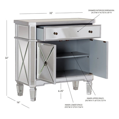 Powell Deville 2-Door Single Drawer Indoor Console Table with Shelves, Mirrored Surfaces and Luxe Silver Wood