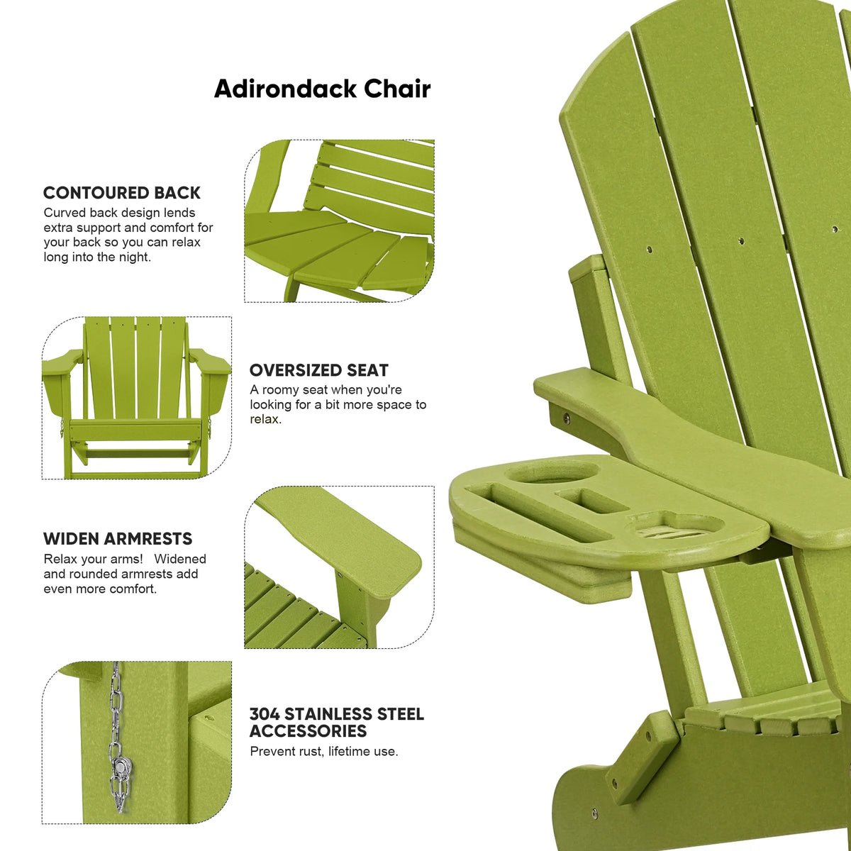 FOOWIN HDPE Plastic Adirondack Chairs Set of 4, Black