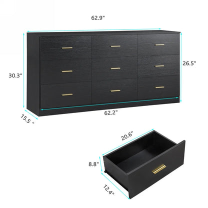 Aukfa Wood 9 Drawer Dresser for Bedroom, Long Chest of 9 Drawers TV Stand,Black