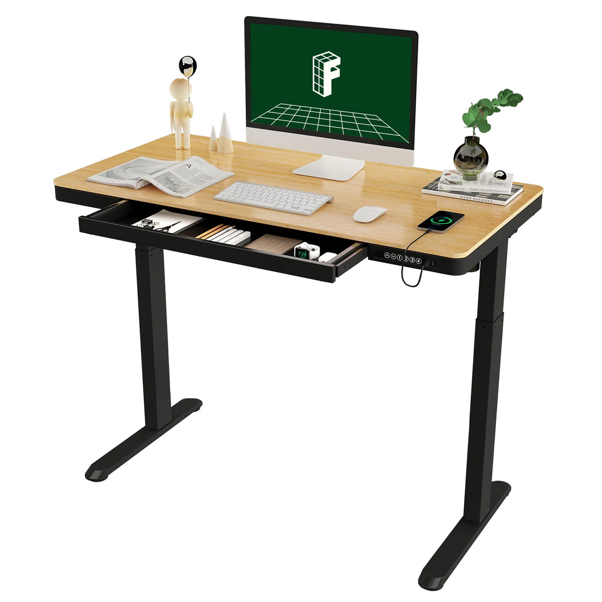 FLEXISPOT 48" W Home Office Height Adjustable Standing Desk White and Maple with USB Charge Ports and Embedded Drawer