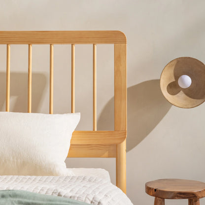 Walker Edison Mid-Century Modern Slatted Solid Wood Queen Bedframe, Natural Pine