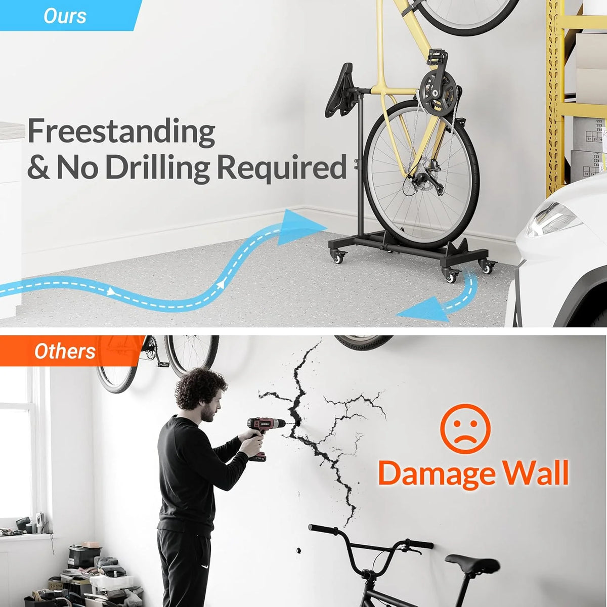 Vertical Bike Stands (2 Pack)��Standing Bike Rack for Garage Floor��Upright Bicycle Floor Stand Indoor Bike Holder with Adjustable Height for Garage & Apartment - for Wheels Sizes up to 29��