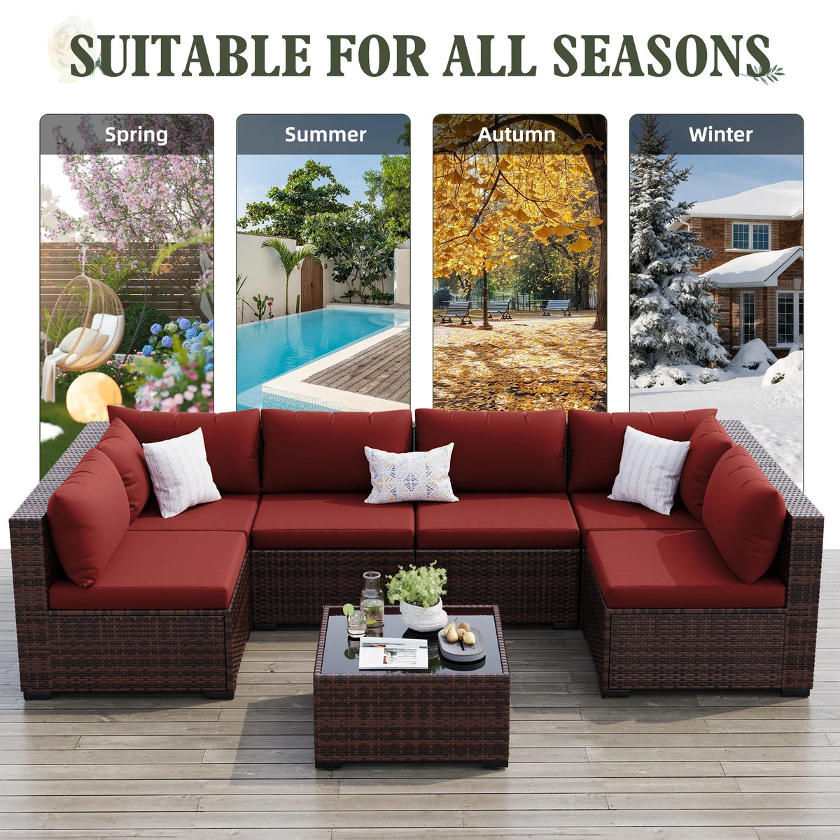 7 Pieces Patio Conversation Set, Outdoor Sectional PE Rattan Wicker Furniture Seat,Dark Gray