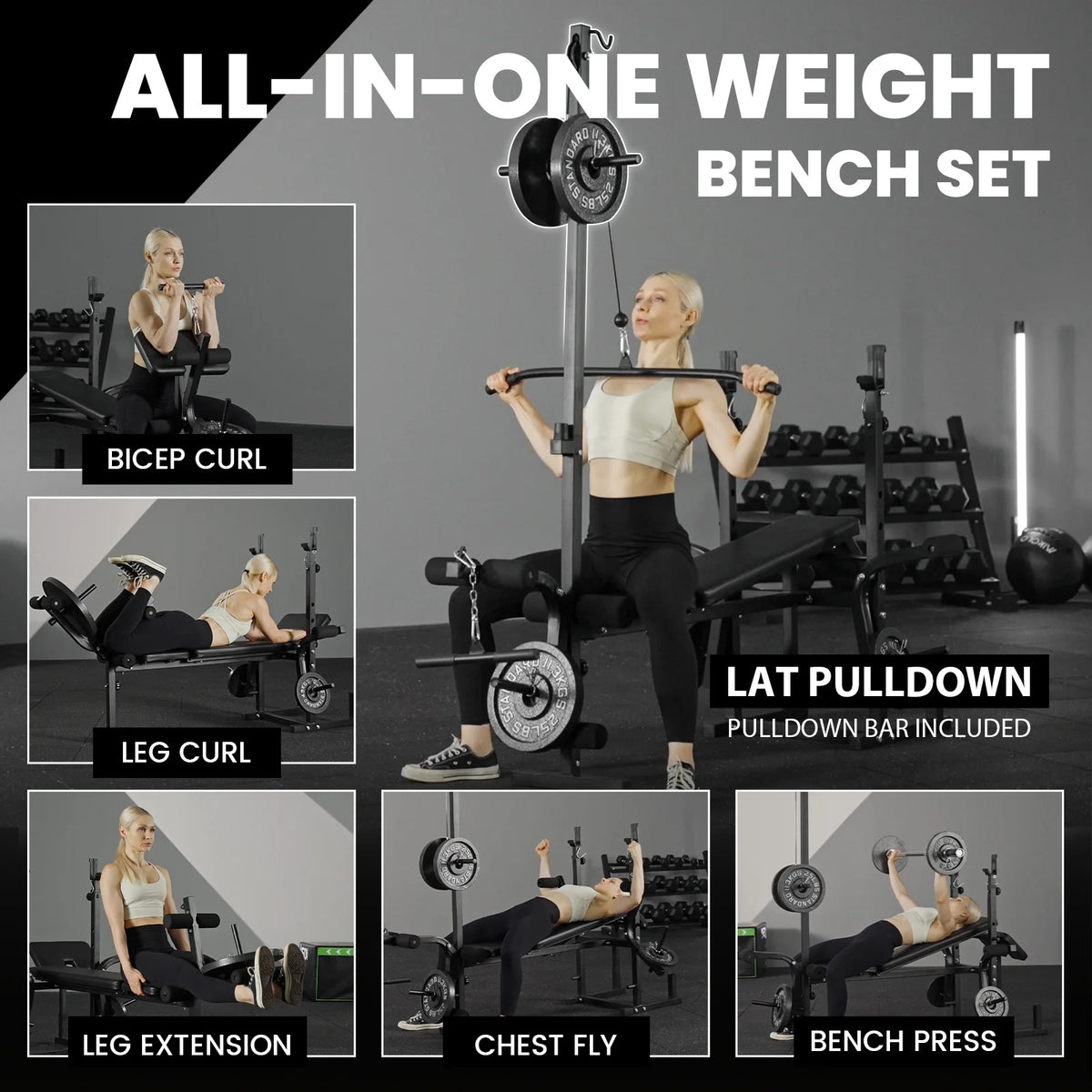 Mikolo Adjustable Weight Bench 800lbs 6 in 1 with Lat Pull Down, Leg Extension and Leg Curl, Chest Fly and Preacher Curl Workout Bench Multi-Function Strength Training Bench Press Exercise Equipment