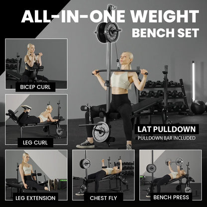 Mikolo Adjustable Weight Bench 800lbs 6 in 1 with Lat Pull Down, Leg Extension and Leg Curl, Chest Fly and Preacher Curl Workout Bench Multi-Function Strength Training Bench Press Exercise Equipment