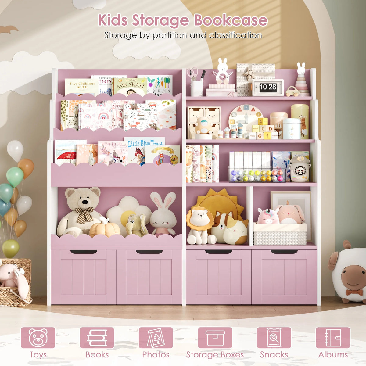 Hiphuta 47"Wide Large Kids Bookcase, Wood Bookshelf Toy Storage Organizer with Book Rack & Movable Boxes, White Bookshelf for Kids Room