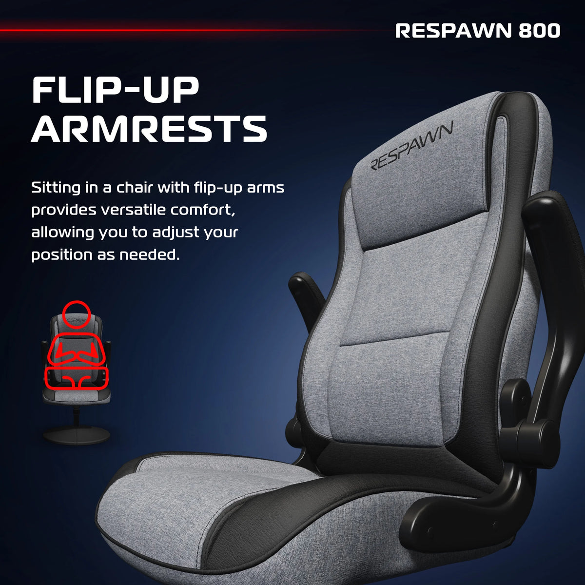 RESPAWN 800 Swivel Rocker Gaming Chair - Ergonomic Floor Gaming Seat with Lumbar Support, Flip Up Armrest, High Back, Pedestal Base, Comfortable No Wheels Console Video Game Rocker Chair - Red