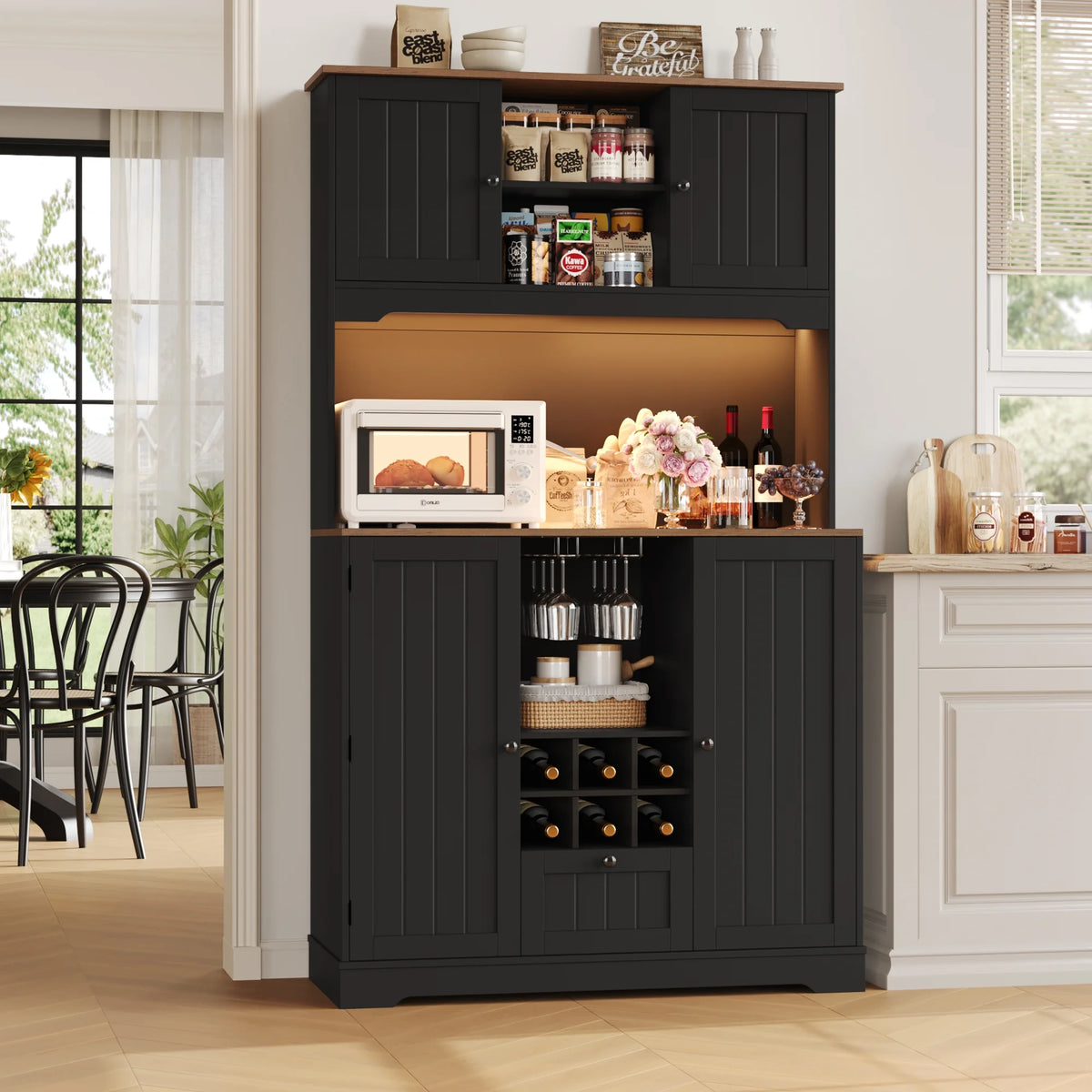 Homfa 71.3'' Kitchen Pantry Storage Cabinet with Charging Station, LED Light Kitchen Hutch Cabinet with Doors and Shelves and Wine Holder, White