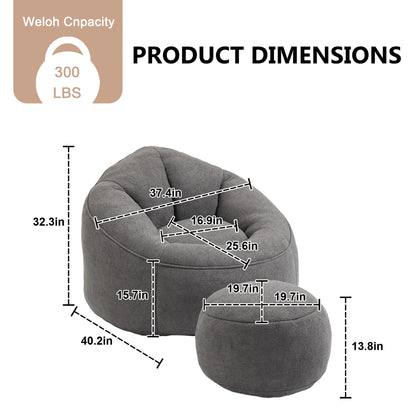 MOONMISS Microfiber Upholstered High Pressure Foam Round Lazy Bean Bag Sofa Chair with Ottoman-Gray