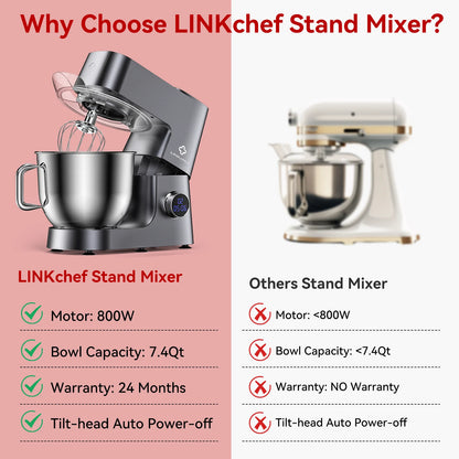 LINKChef 7.4 Quart Stand Mixer, 800W 12-Speed Tilt-Head Food Mixer, Kitchen Electric Mixer with Dough Hook, Wire Whip & Beater