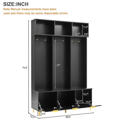 Euroco Modern Hall Tree with High Gloss Fluted Doors, Gold Accents, Shoe Storage & Bench a?? Entryway Organizer with Cubbies and Coat Hooks