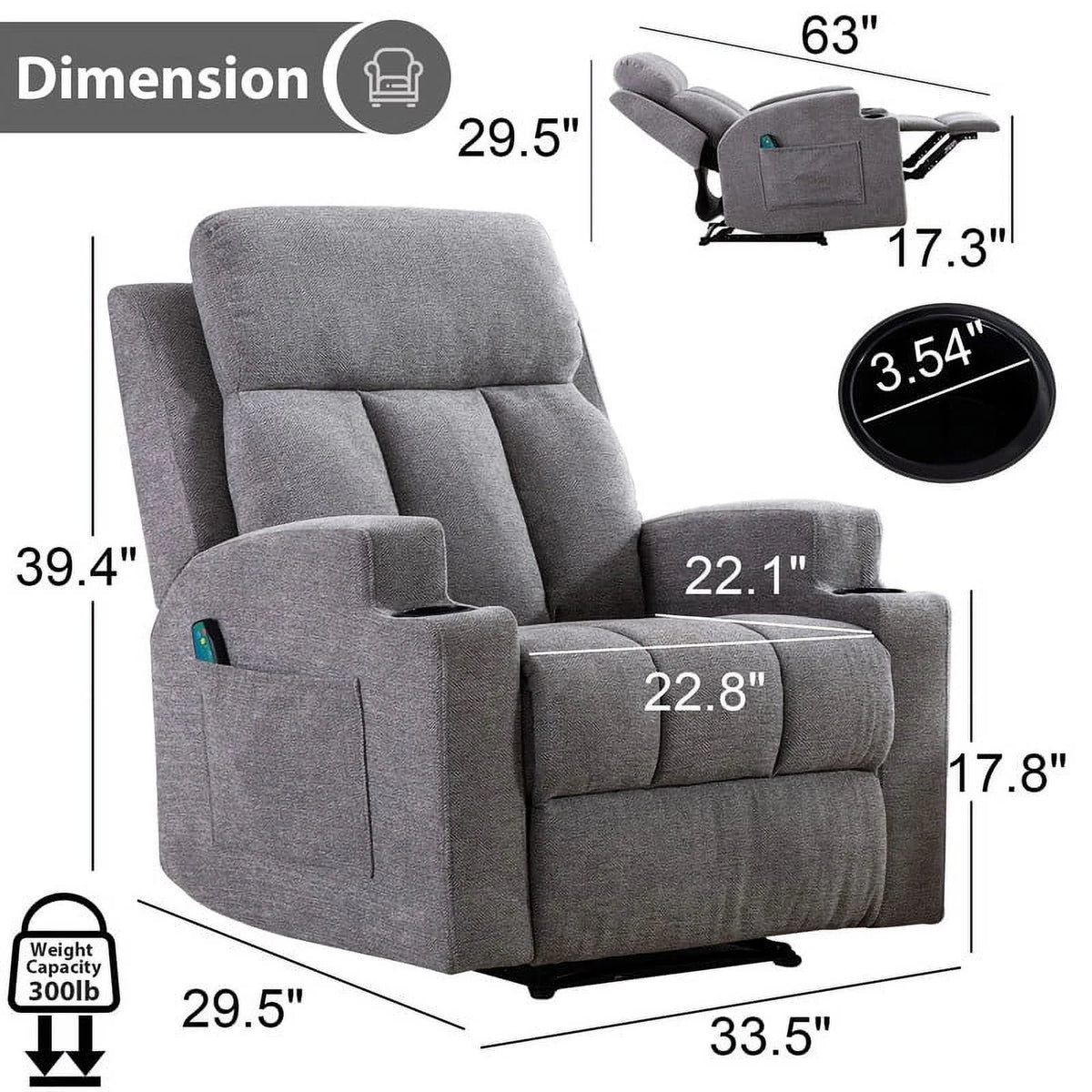 Bonzy Home Heated Manual Massage Recliner with Cup Holder Padded Breathable Fabric Recliner, Home Theater Seating��Navy