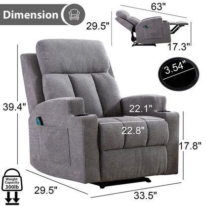 Bonzy Home Heated Manual Massage Recliner with Cup Holder Padded Breathable Fabric Recliner, Home Theater Seating��Navy