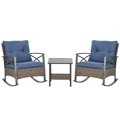 Outsunny 3pc Rocking Chair Set w/ Cushions, Wicker Bistro Set, Blue