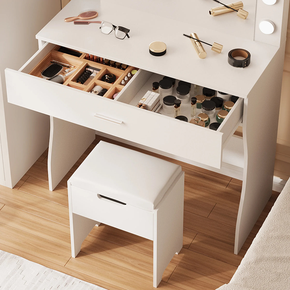 Vanity Table Set with Lighted Mirror,Makeup Vanity with Lights, Large Drawer Sturdy Wood Vanity, White