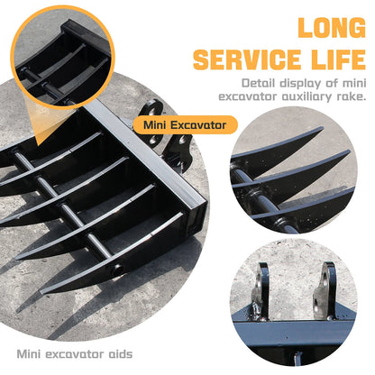 MachPro Mini Excavator Rake, 31'' Mini Excavator Attachments, 9 Tooth Wide Backhoe Digger Accessories Rake Use for Land Clearing, Debris Removing