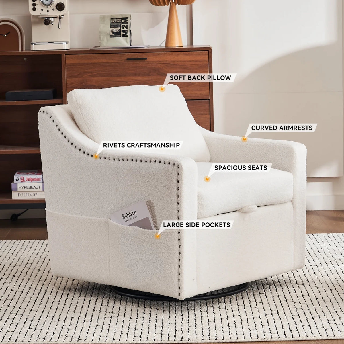 Swivel Barrel Chair, Swivel Accent Chair for Living Room with Storage Seat and Pillow, 360 Degree Swivel Barrel Club Chair, Round Armchairs Nursery, Hotel, Bedroom, Office, Lounge, Ivory White