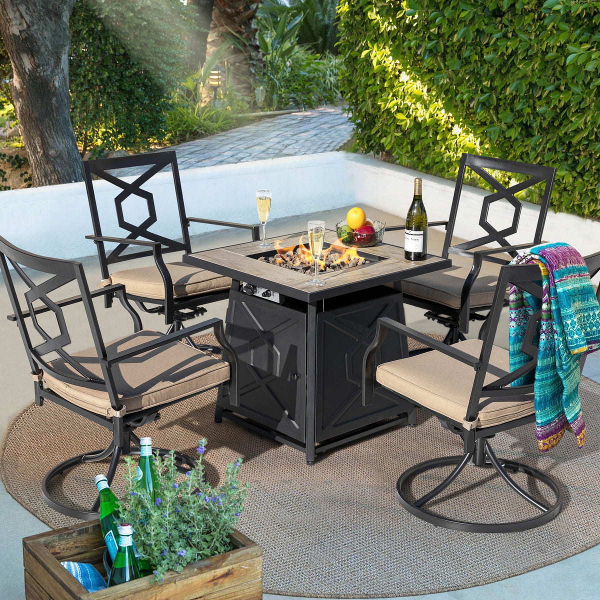 Nuu Garden Square 30" Outdoor Propane Fire Pit Table, 50,000 BTU Gas Fire Pit with Lid, Hand-Woven Wicker, with Glass Beads and CSA Certification
