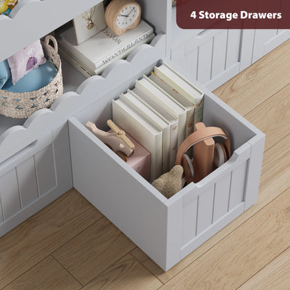 Hiphuta 47"Wide Large Kids Bookcase, Wood Bookshelf Toy Storage Organizer with Book Rack & Movable Boxes, White Bookshelf for Kids Room