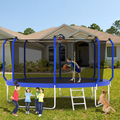 Yoneston 10FT Outdoor Trampoline with Basketball Hoop, 880LBS Heavy Duty Reinforced Trampoline with Safety Enclosure Net and Ladder for Kids Teens Playing Gift, Blue