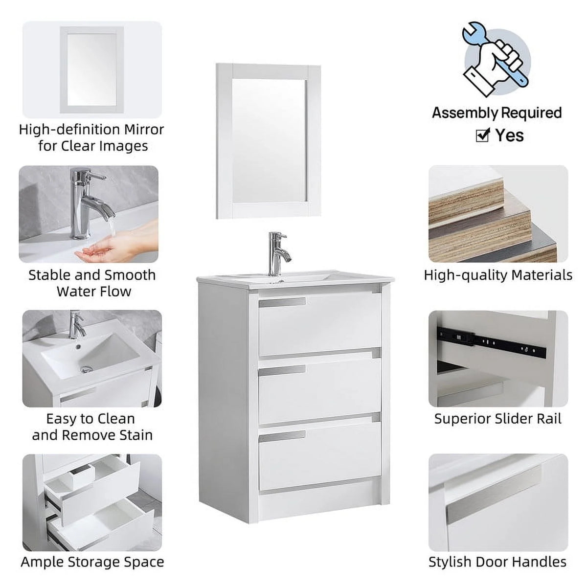 Walsport 24" Luxurious Bathroom Vanity with Ceramic Sink and Countertop and Mirror and Faucet,Double Door Stand Floor Cabinet Bathroom Storage Vanity with Pop Up Drain,White