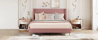 Queen Size Corduroy Platform Bed with Wingback Headboard,Wood Corduroy Platform Bed with Metal Legs and Slats Support,Upholstered Bed Frame for Kids Adult Bedroom,No Box Spring Needed,Pink