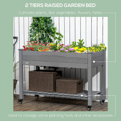 Outsunny 47" x 21" Raised Garden Bed Elevated Wooden Planter Box w/ Lockable Wheels, Storage Shelf and Bed Liner for Backyard, Patio, Dark Gray