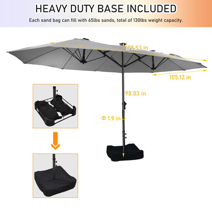 Mondawe 15ft Patio Umbrella, Large Double-Sided Solar LED Outdoor Umbrella with Fiberglass Ribs and Base for Deck Pool, Navy Blue