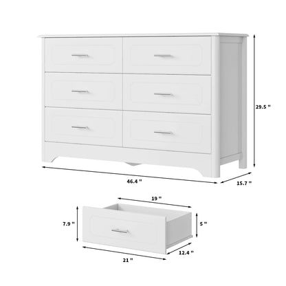 Homfa Double Dresser with 6 Drawer, White Horizontal Dresser Chest for Bedroom