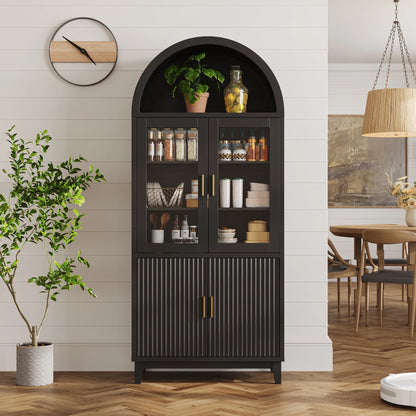 VEANERWOOD 71" Tall Arch Cabinet, Wood Fluted Kitchen Kitchen Storage Cabinet with 4 Doors and 6 Shelves for Dining Room Living Room