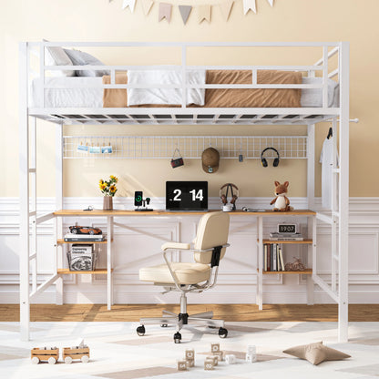 Twin Loft Bed with Desk, UHOMEPRO Metal Loft Bed with LED Lights, Charge Station, DIY Mesh, Clothes Rail, 4 Storage Shelves, Safety Rails and 2 Ladders, Loft Bed for Teen Adult, Black
