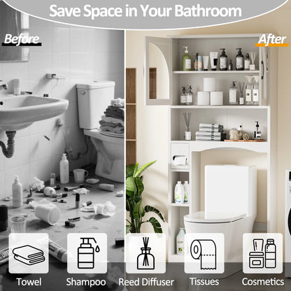 HARIPUL Over The Toilet Storage Cabinet w/ Unique Wood Grain & Arc Design, Freestanding Bathroom Shelf Organizer Space Saver w/ Doors & Anti-Tip Device, Wood Color