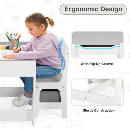 LINLUX Kids Table and 2 Chairs Set, Children Activity Table Chairs with Chalkboard/Whiteboard, Grey