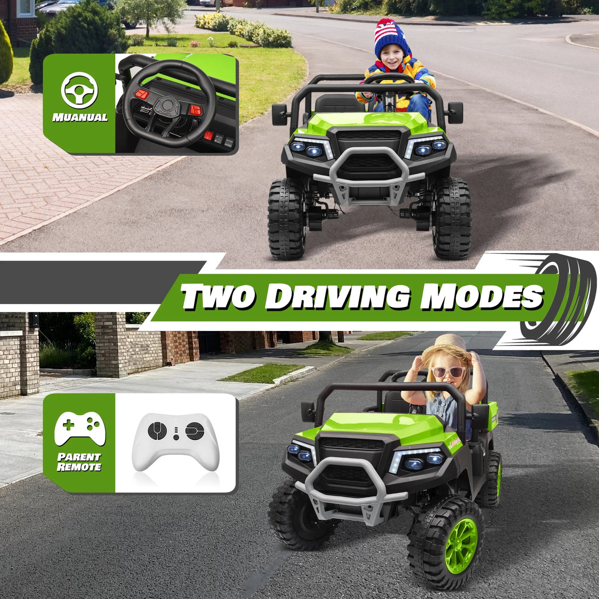 Joyracer 4WD 24 Volt Ride on Toys UTV with 2 Seater & Remote Control, Kids Electric Golf Cart w/ 4x200W Power Motors, Tiltable Trailer & Shovel, 4 Wheels Spring Suspension, Bluetooth USB Music, Black