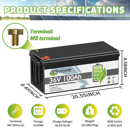 36V 100Ah LiFePO4 Battery,for Golf Carts,RV,Marine,Trolling Motor,Camper,200A BMS,15000+Deep Cycles,TCBWORTH Lithium Batteries,10 Years Lifetime
