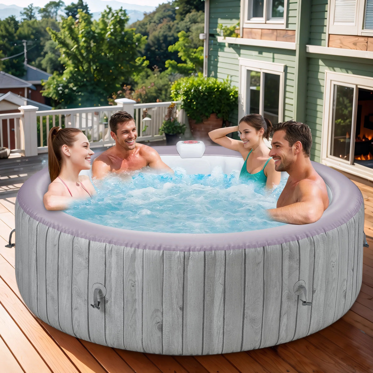Round Hot Tub Surround Furniture, Spa Surround Outdoor Rattan Sectional Sofa Set with Mini Sofa, Solid Acacia Wood Hot Tub Storage Surround Patio Furniture Set, Gray Cushion