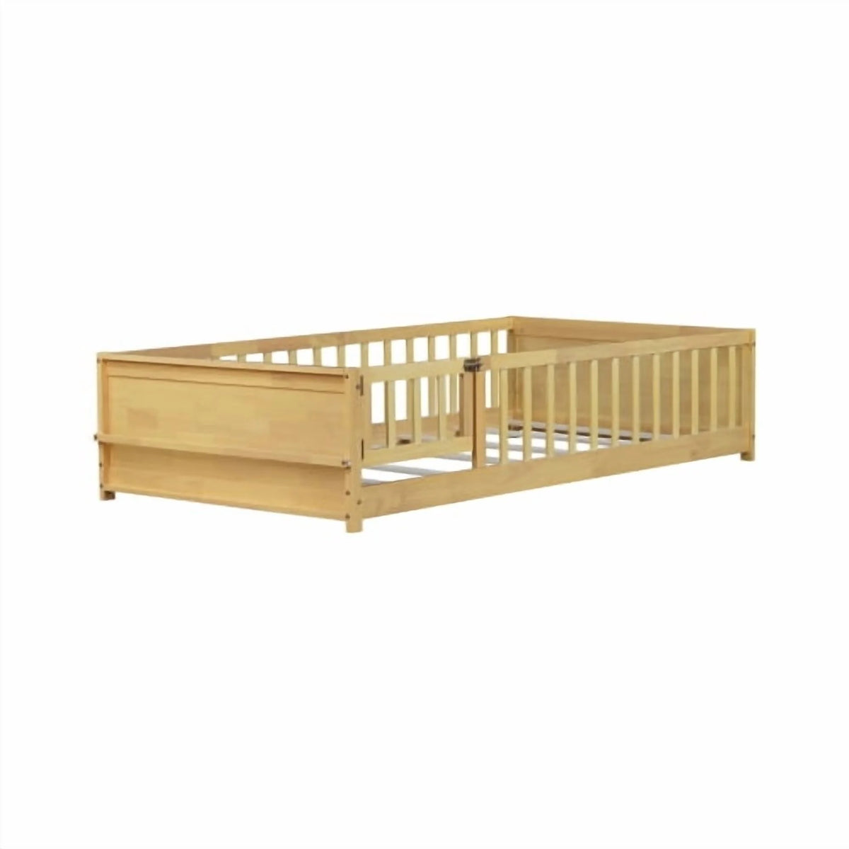 Bellemave Twin Size Floor Bed with Fence, Montessori Floor Twin Bed with Built-in Book Rack, Solid Wood Twin Bed with Slats and Safety Guardrails, Natural