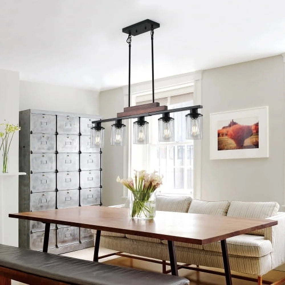 ACE-LIGHTS,Modern Industrial 5-Light Chandelier with Clear Glass Shades(Bulbs Not Included),Hanging Ceiling Light Fixture for Living Room,Dining Room,Kitchen Island(Black)