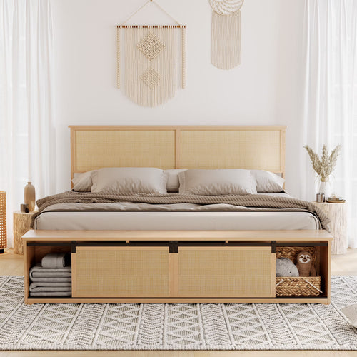 Natural Rattan Bed Frame with Sliding Barn Door Storage Cabinets and LED Light Headboard, Farmhouse Wood Platform Bed with Solid Wood Legs Support