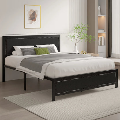 VECELO Queen Size Bed Frame Metal Platform Bed with Upholstered Headboard, No Box Spring Needed, Black