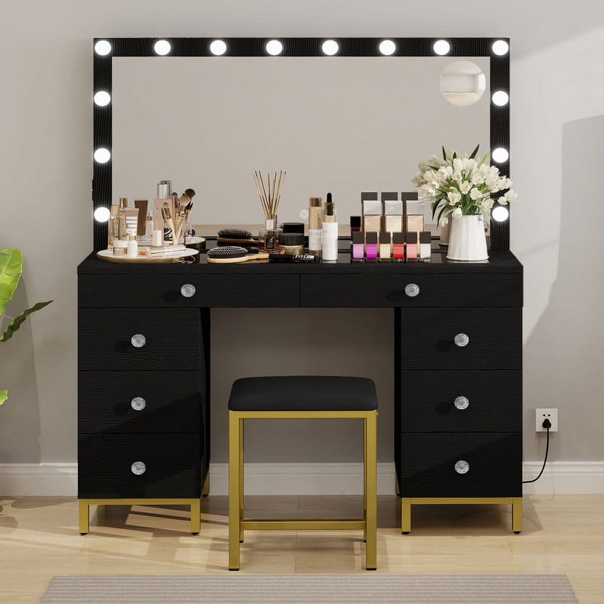 Uforic 55" Vanity Desk with Lighted Mirror & Power Outlet & 8 Drawers, Modern Makeup Vanity Table Set with Storage Stool, White